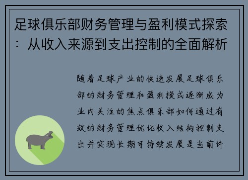 足球俱乐部财务管理与盈利模式探索：从收入来源到支出控制的全面解析